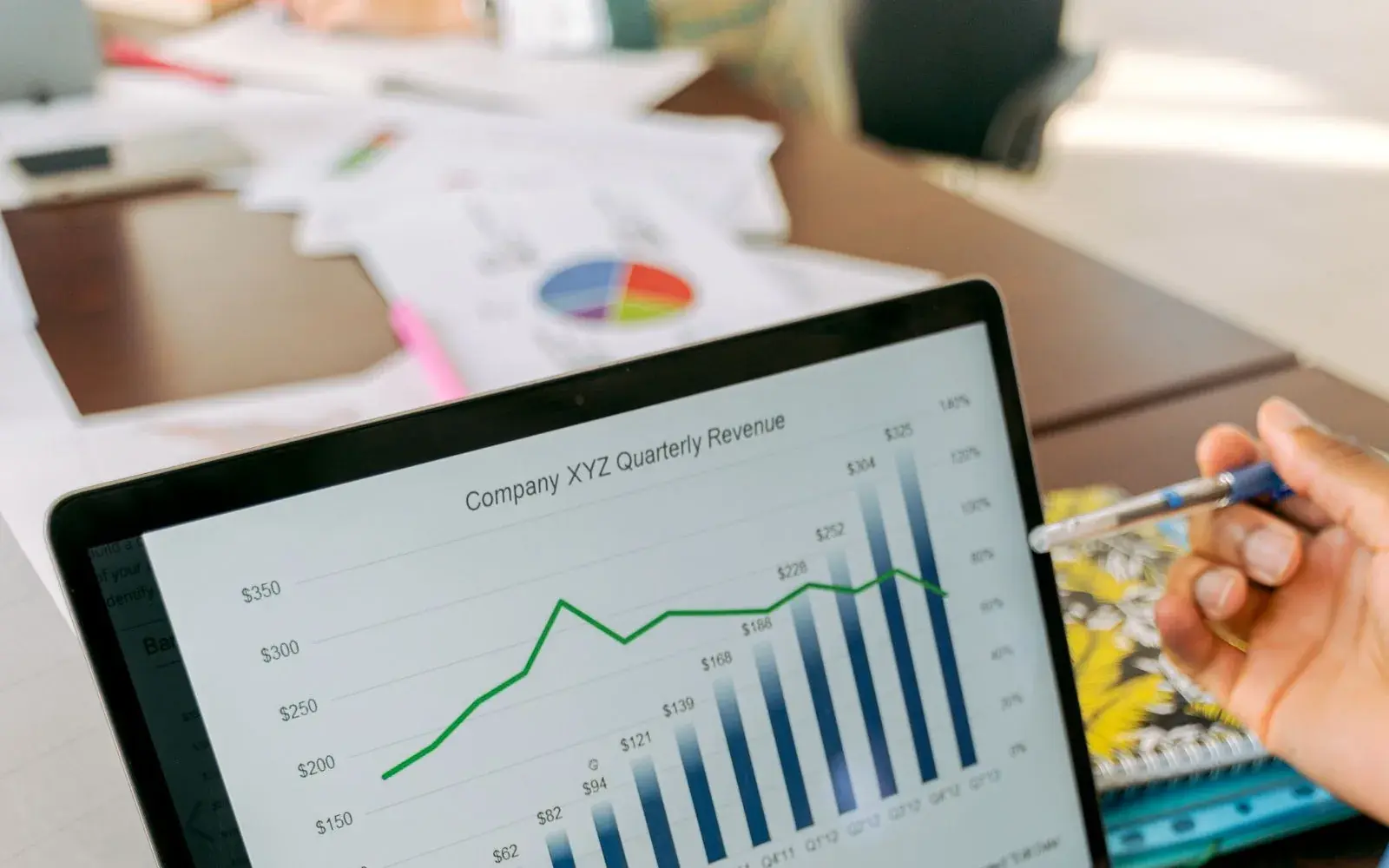 Laptop displaying bar and line charts during a data review