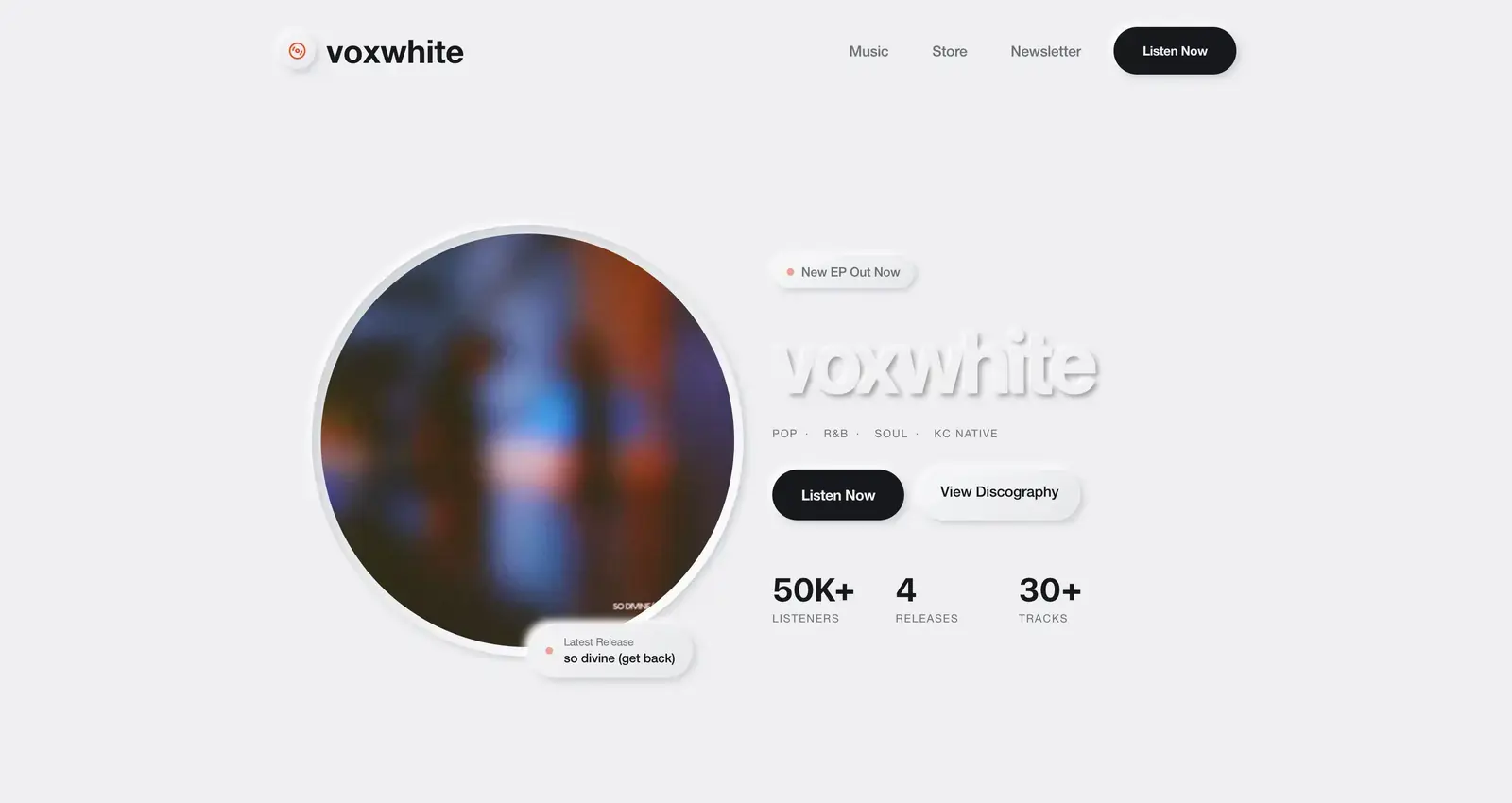 Homepage preview for Voxwhite artist website
