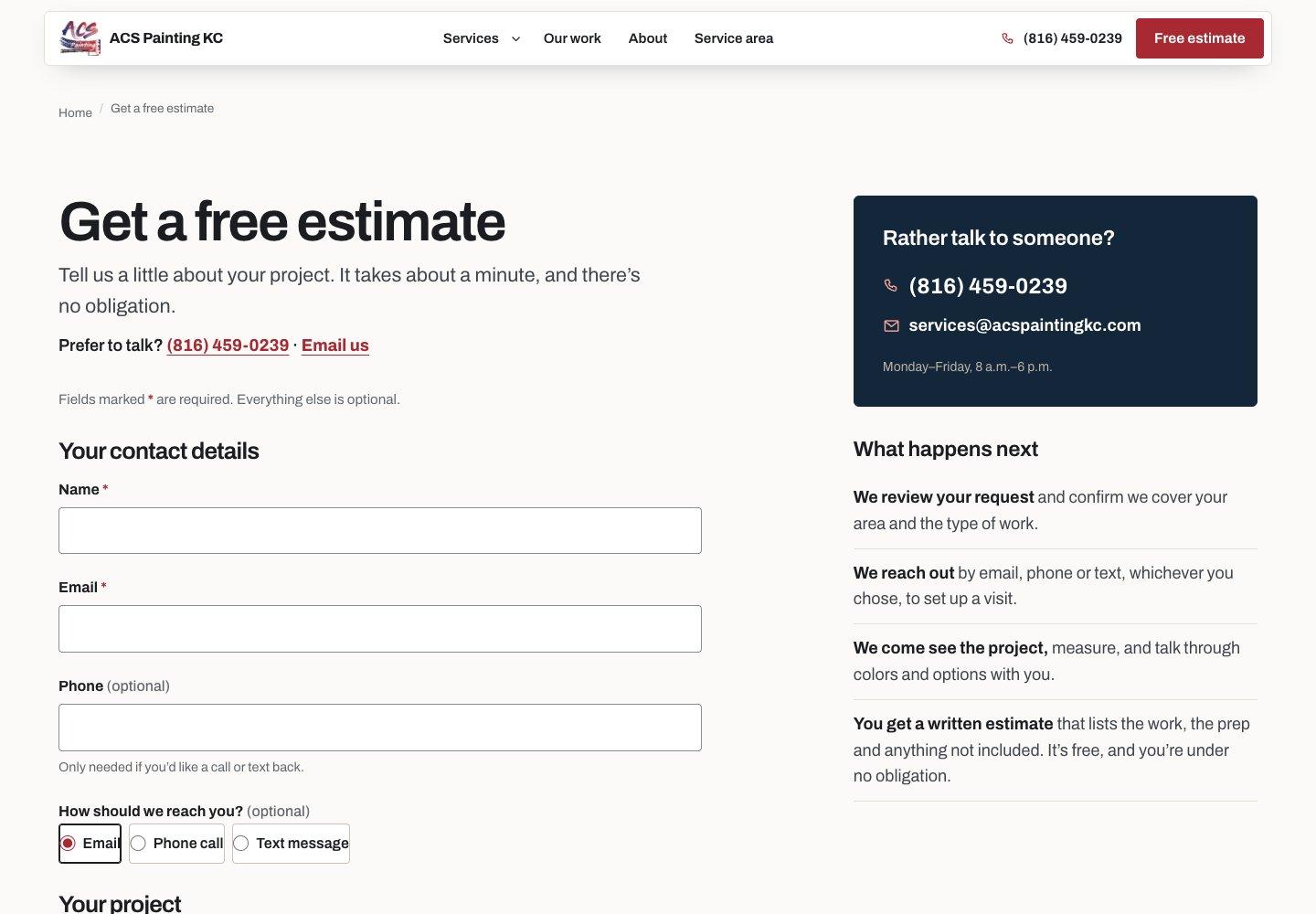 ACS Painting KC free estimate form with simple project intake fields