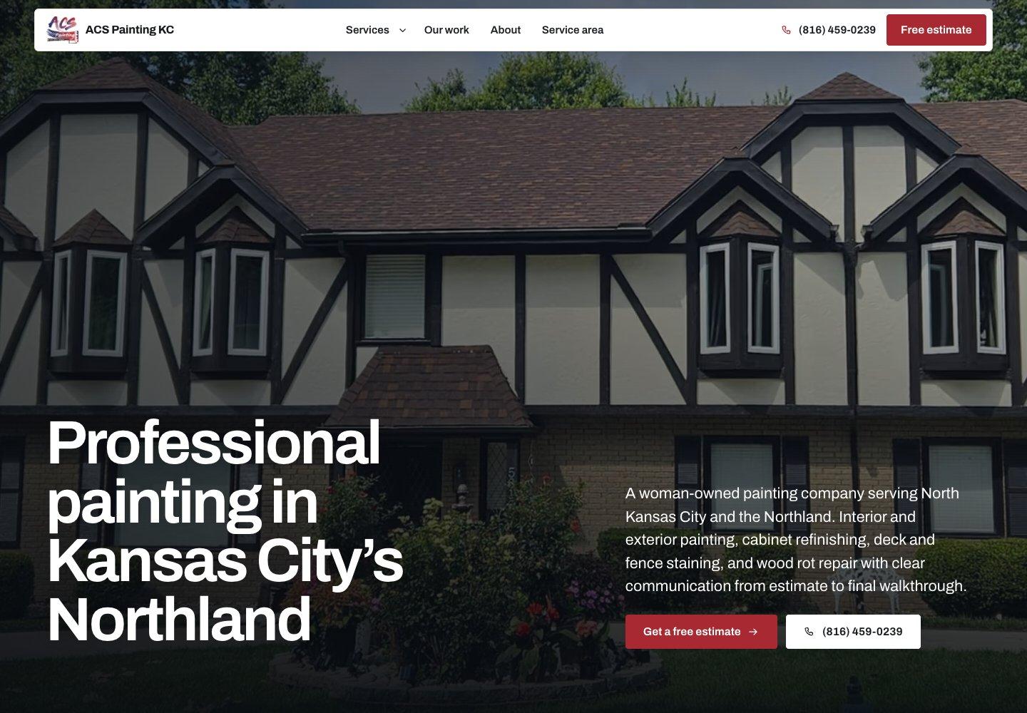 ACS Painting KC homepage with Northland Kansas City painting message and free estimate call to action