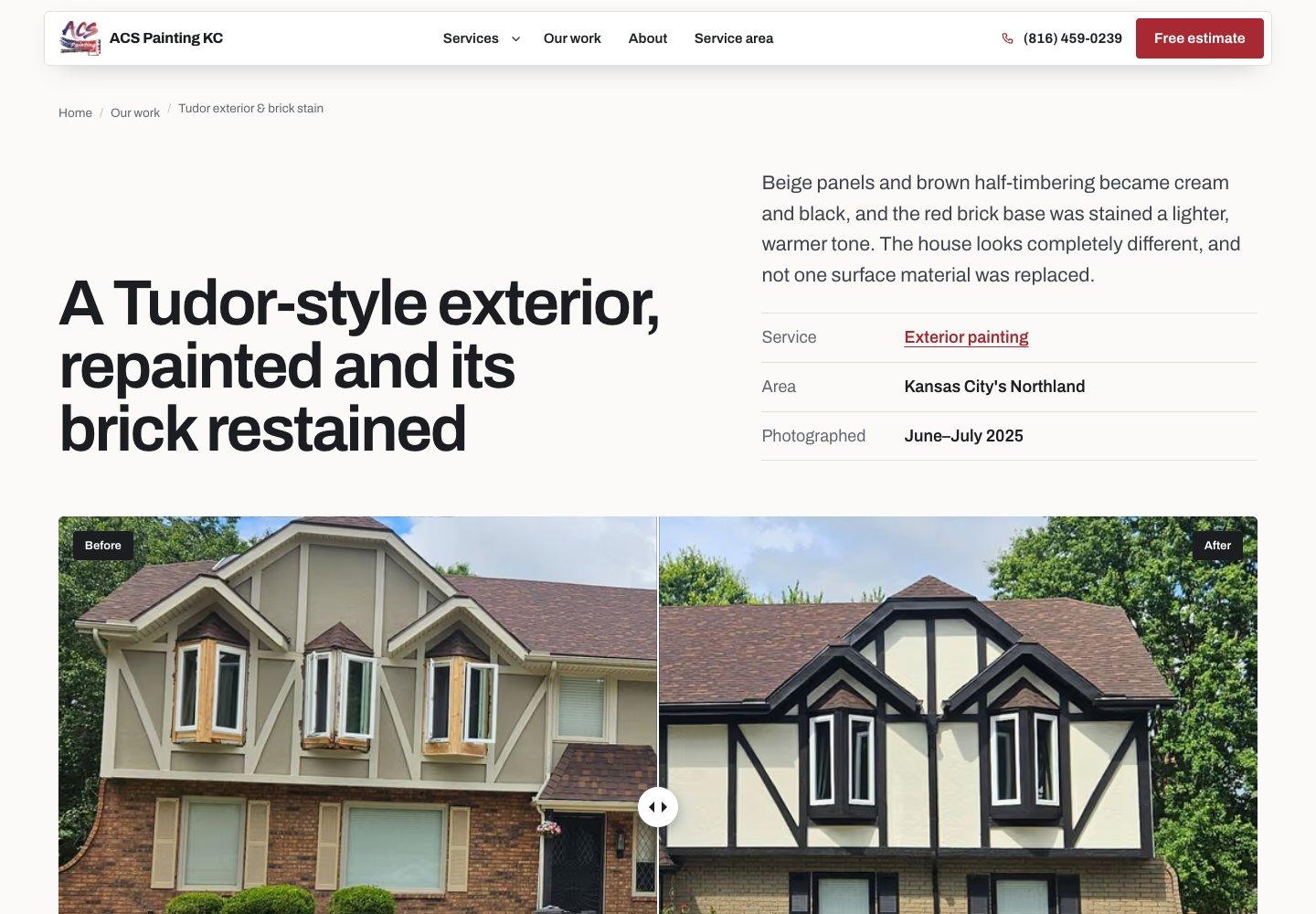 ACS Painting KC project page with before and after Tudor exterior repaint