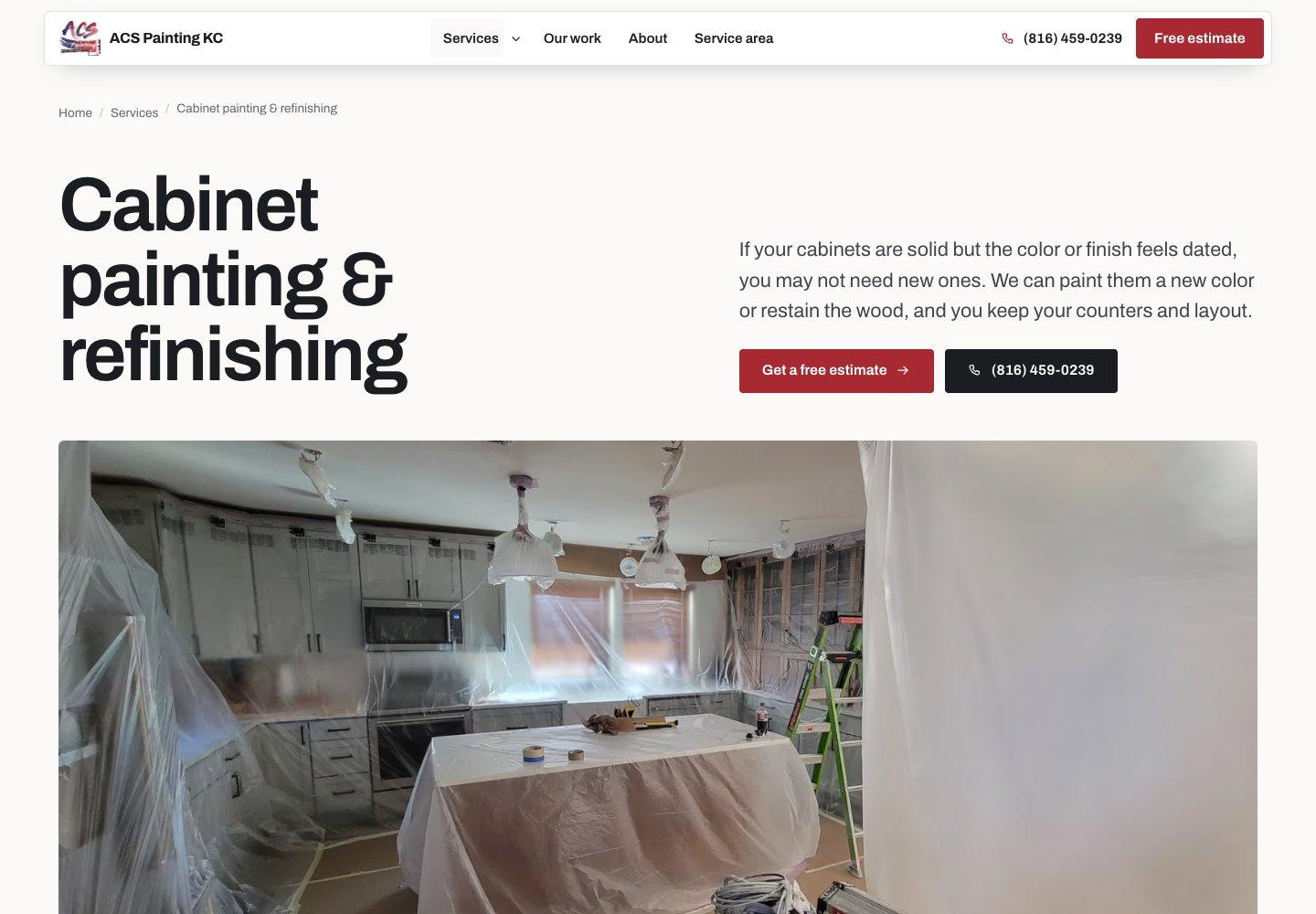 ACS Painting KC cabinet painting and refinishing service page explaining preparation and finish options