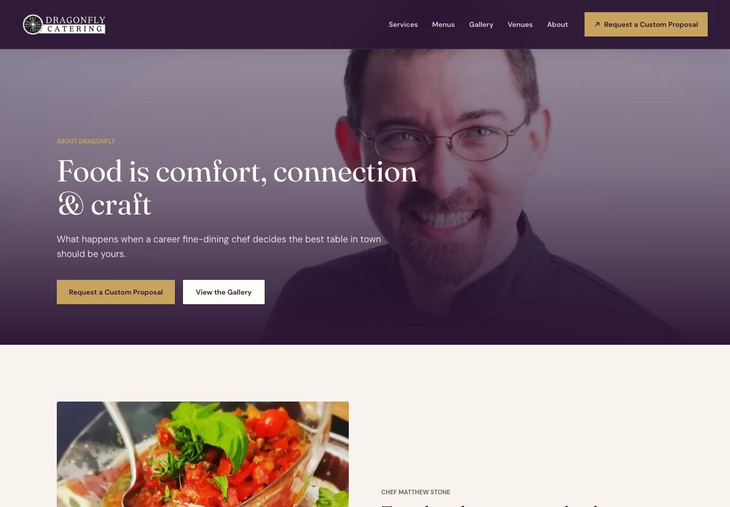 Dragonfly Catering about page introducing Chef Matthew Stone