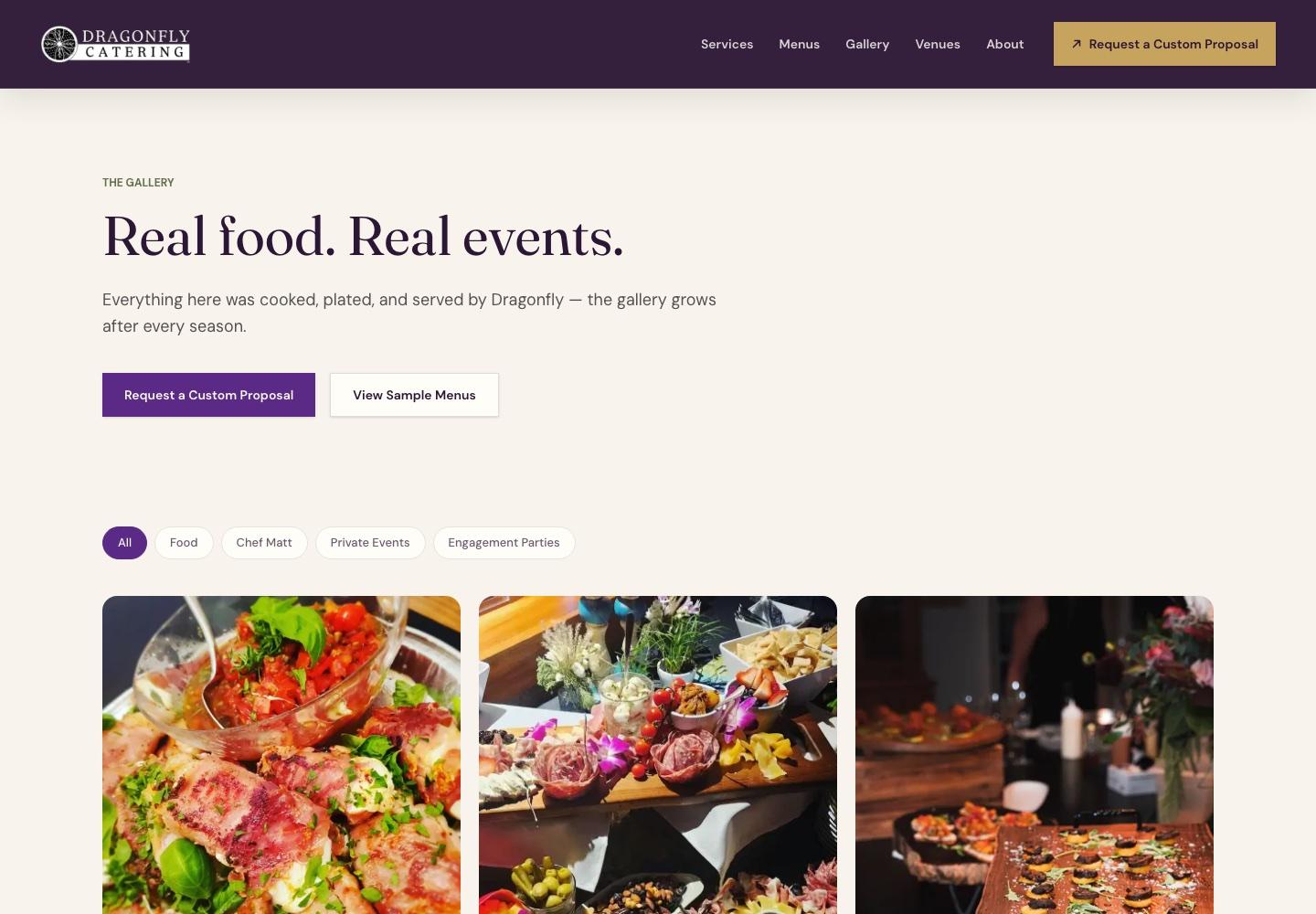 Dragonfly Catering gallery page featuring food and private event photography