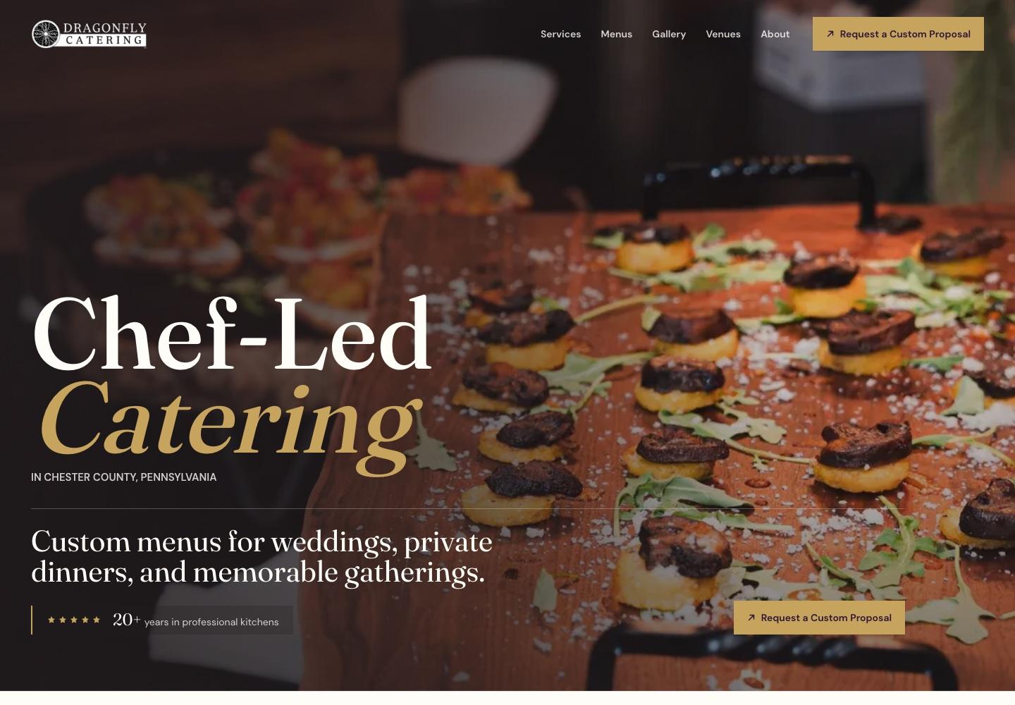 Dragonfly Catering homepage with chef-led catering message and proposal call to action