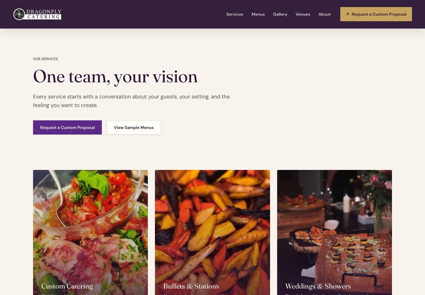 Dragonfly Catering services page showing catering service options