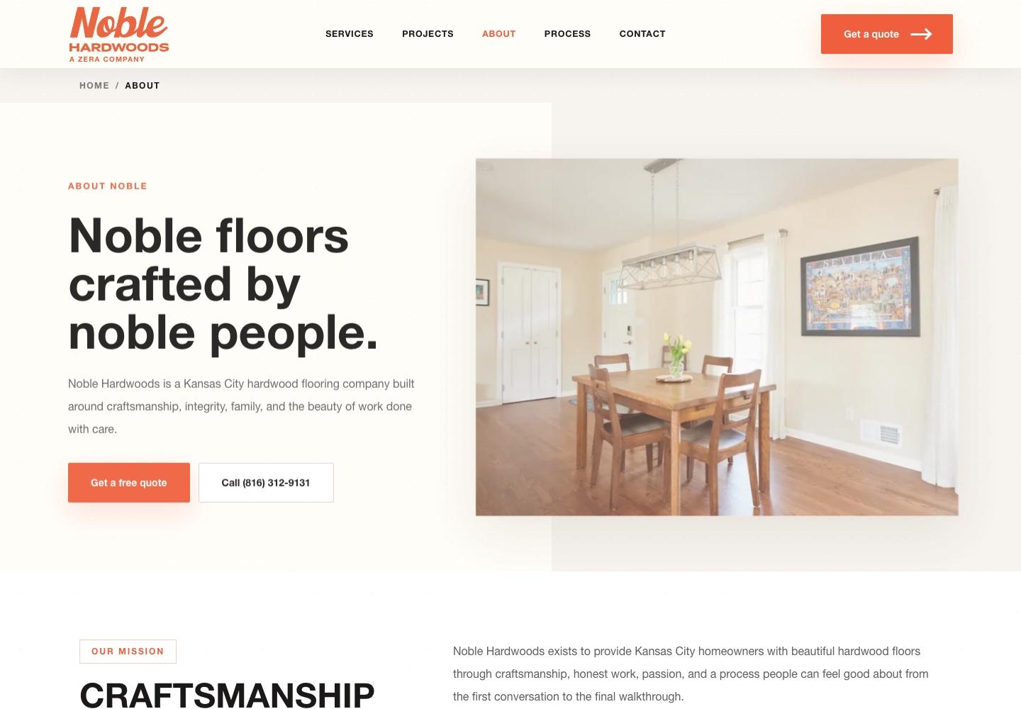 Noble Hardwoods about page focused on craftsmanship and the people behind the work