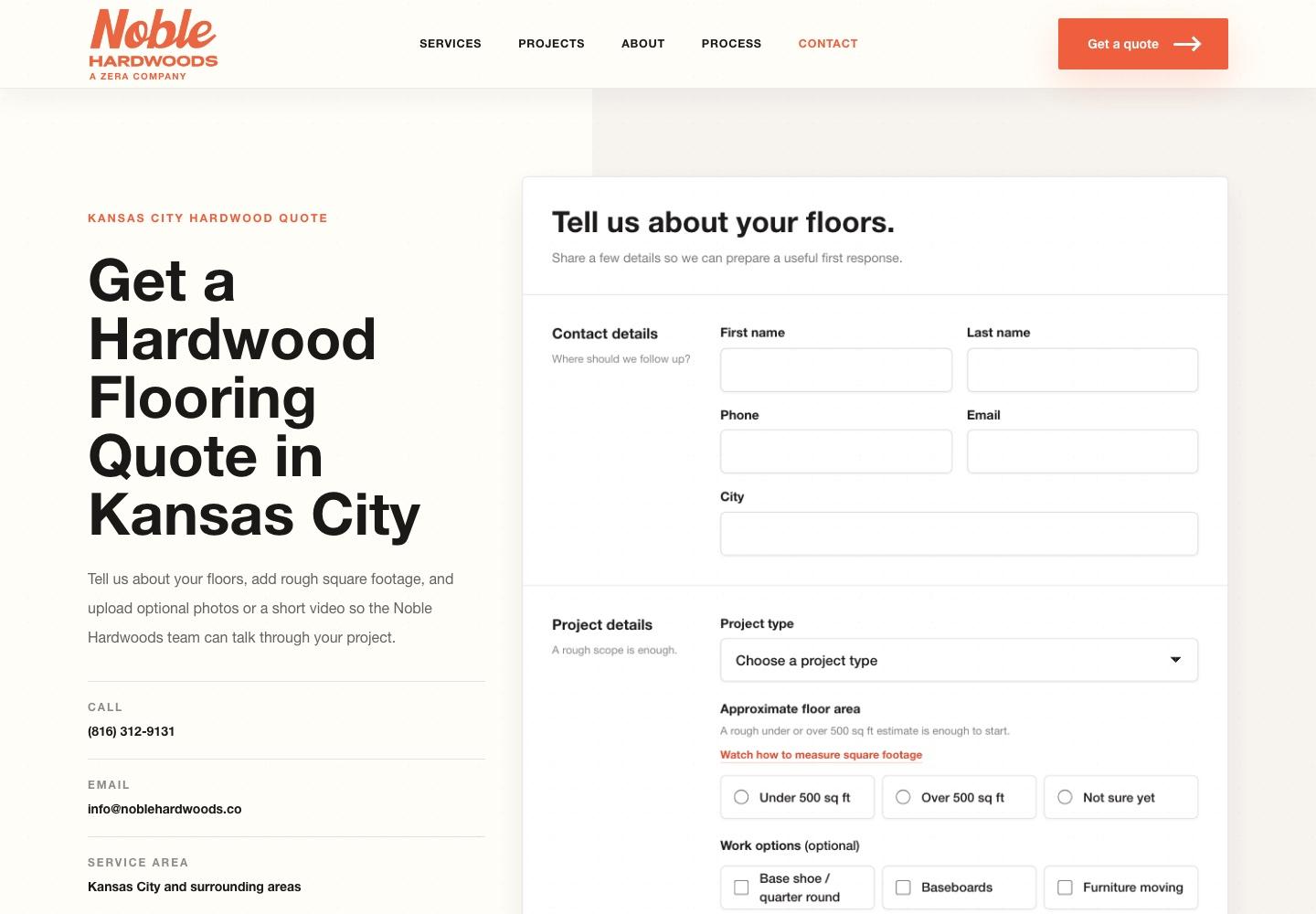 Noble Hardwoods quote page with detailed hardwood flooring project intake fields