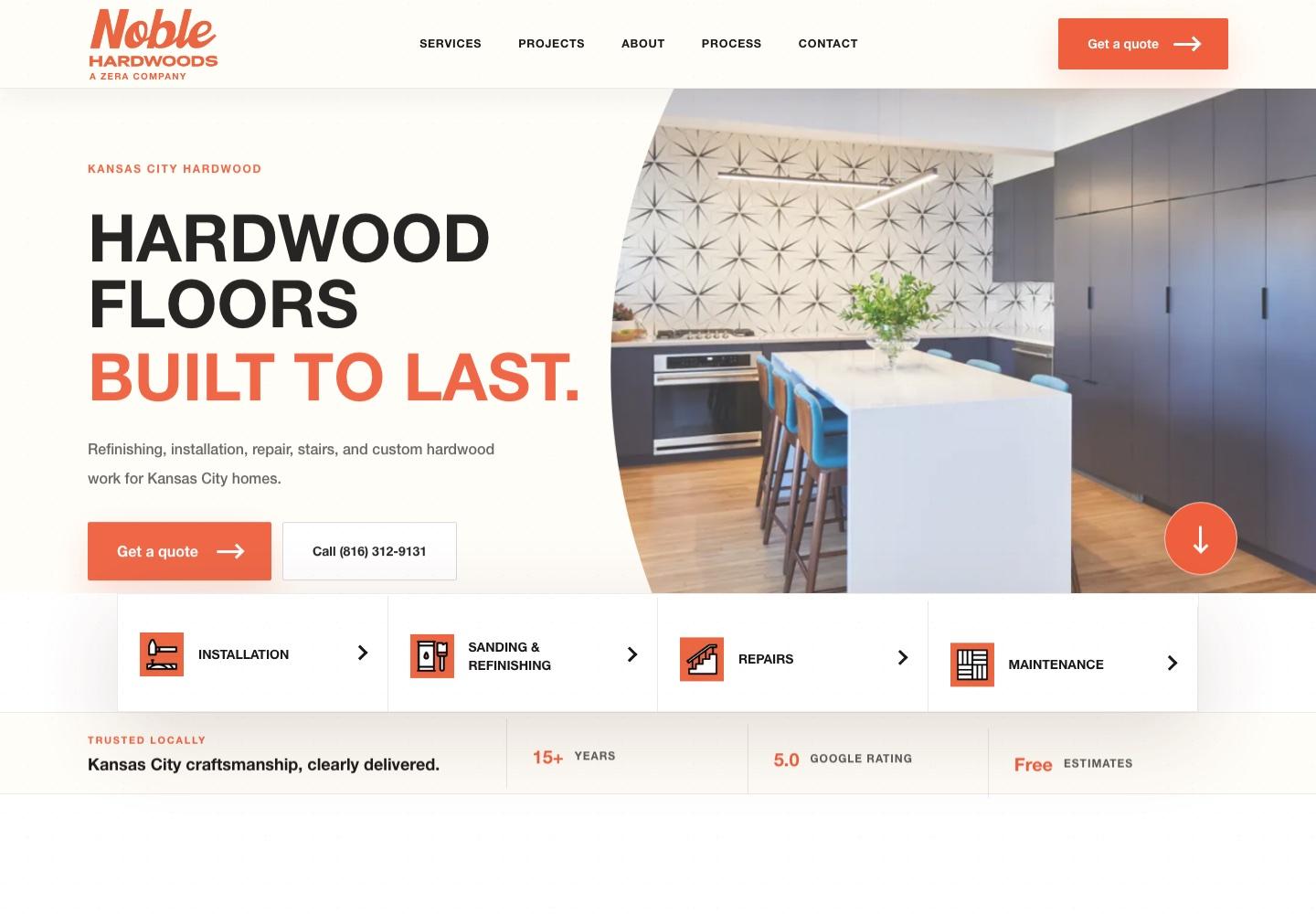 Noble Hardwoods homepage with Kansas City hardwood flooring message and project photography