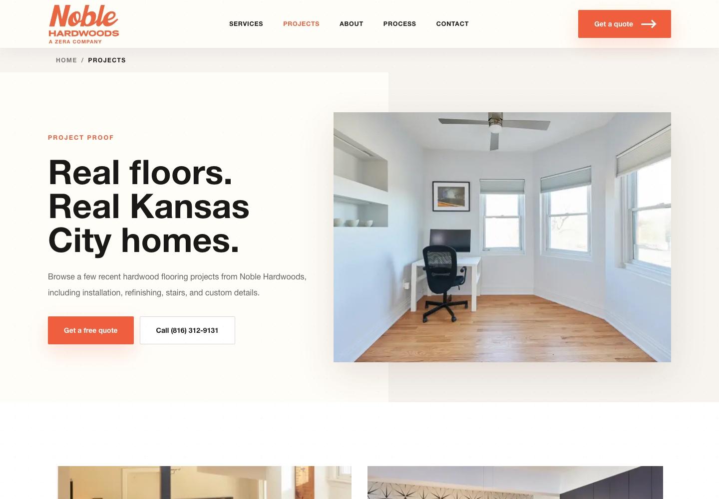 Noble Hardwoods projects page featuring real hardwood flooring work in Kansas City homes