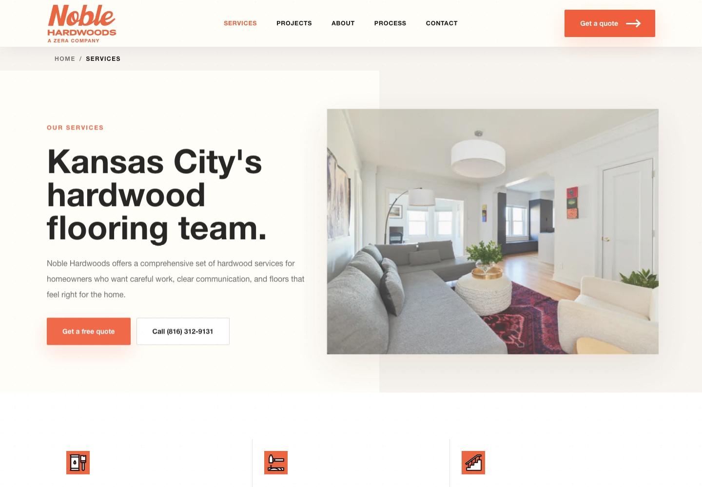 Noble Hardwoods services page introducing the Kansas City hardwood flooring team