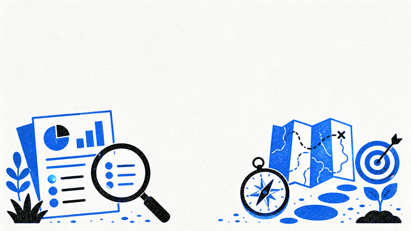 Illustrated marketing audit with a dashboard, compass, map, and target