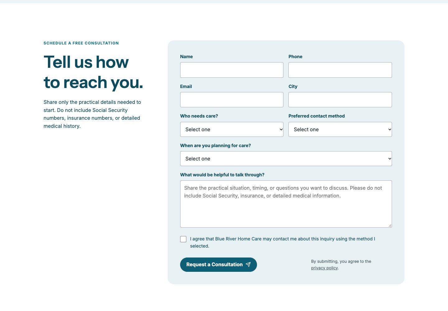 Blue River Home Care free consultation page with family-friendly intake form