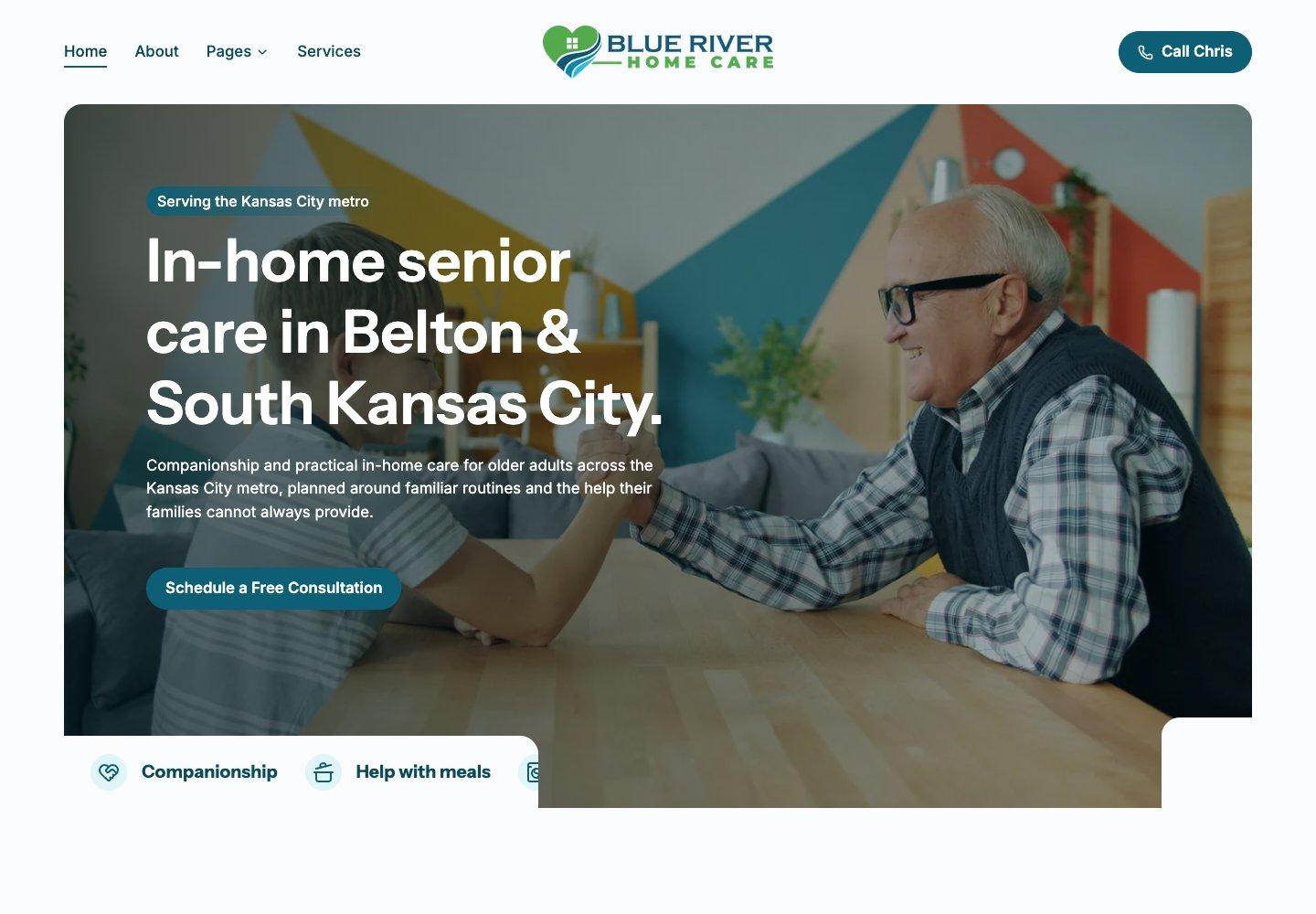 Blue River Home Care homepage with Belton in-home senior care message and free consultation call to action