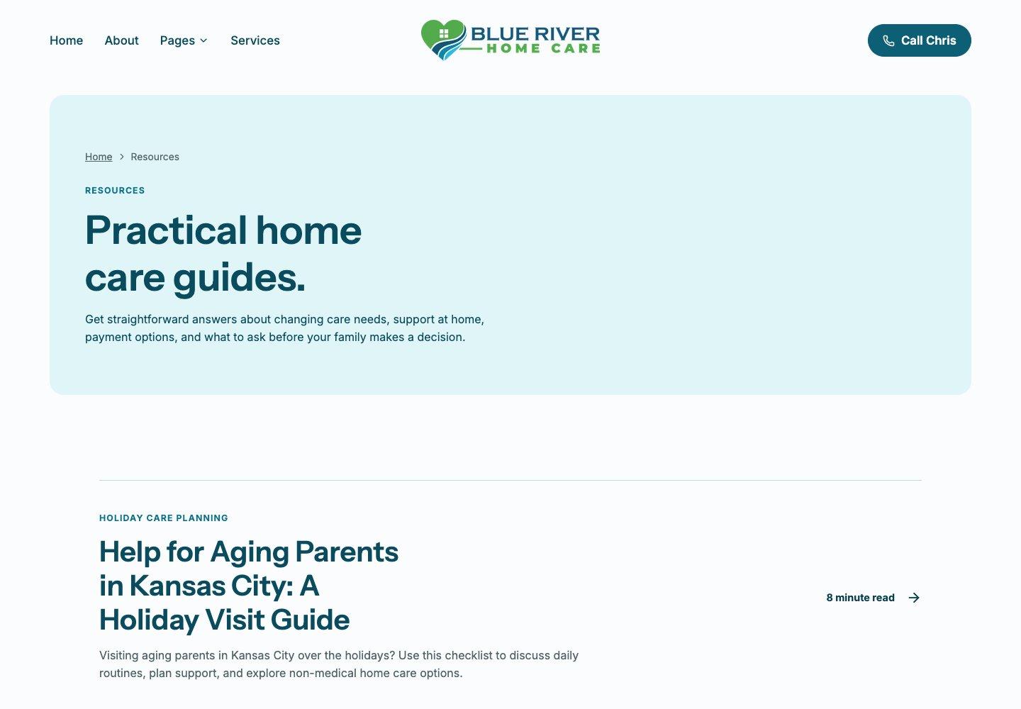 Blue River Home Care resources hub with family guides on home care cost and decisions