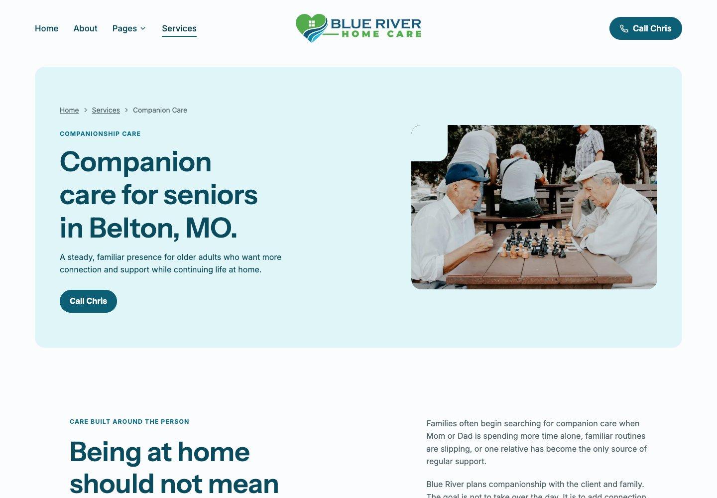 Blue River Home Care companion care page explaining support for seniors at home